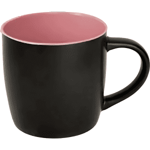 A coffee mug with a black exterior and pink interior, featuring a handle and a smooth finish. It has a logo.