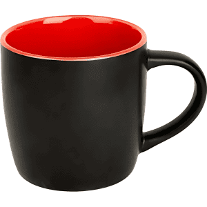 A coffee mug with a black exterior and vibrant red interior, featuring a handle and a smooth finish.