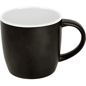 A coffee mug with a matte black exterior and a white interior, featuring a handle and a simple design.
