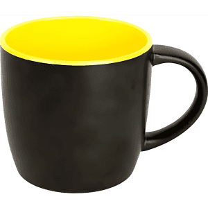 A coffee mug with a matte black exterior and a bright yellow interior. Features a handle and a branding logo.