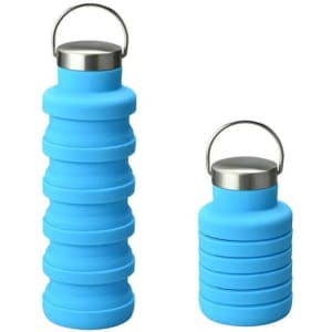 A drink bottle set in bright blue, featuring a collapsible design and a stainless steel lid, with one bottle smaller than the other.