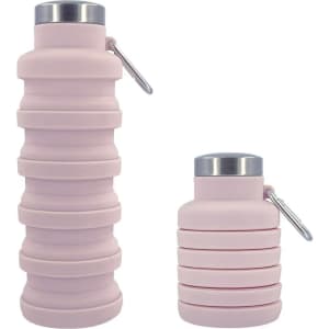 A drink bottle in soft pink, featuring a collapsible design and a metal lid with a carabiner.