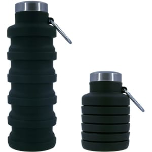 A drink bottle set featuring a collapsible design in black silicone and stainless steel accents, including a carabiner.