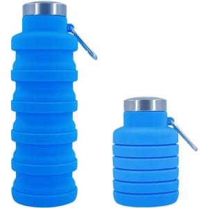 A drink bottle duo in blue, featuring a collapsible design with a metallic cap and an attached carabiner for convenience.