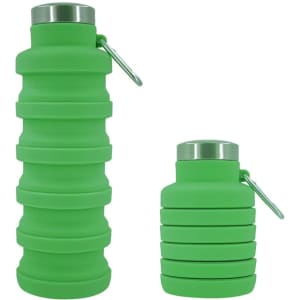 A drink bottle set in bright green, featuring a collapsible design and a metallic cap, with a logo present.