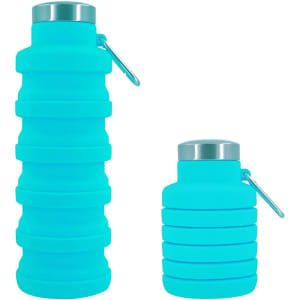 A drink bottle in bright turquoise, featuring a collapsible design and a metal cap. It has a branding logo.