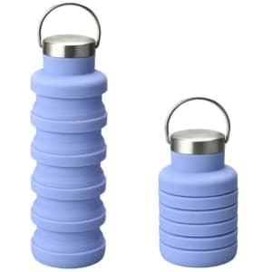 A drink bottle in a light blue colour, featuring a collapsible design and a metallic lid with a handle.