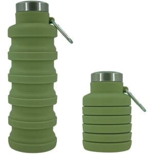A drink bottle in green silicone with a stainless steel lid, featuring a collapsible design for easy storage.