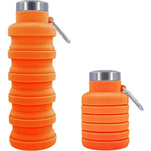 A drink bottle in vibrant orange, featuring a collapsible design and a metal carabiner for attachment.