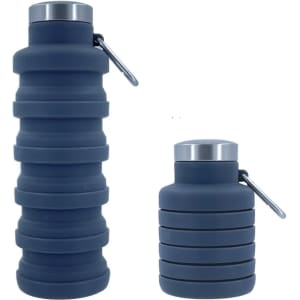 A drink bottle set featuring a large and a small collapsible bottle in dark blue with a stainless steel cap and a logo.