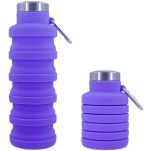 A drink bottle in purple, featuring a collapsible design with a metal cap and a carabiner attachment.