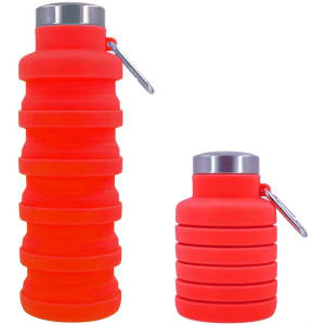 A drink bottle set featuring a collapsible design in vibrant red, with silver-accented caps and logos.