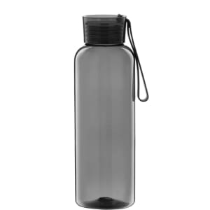 A drink bottle in smoky grey with a black lid and a strap, featuring a logo.