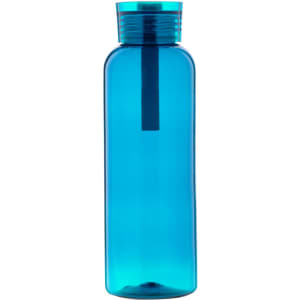 A drink bottle in a transparent blue colour with a matching top and a logo on the surface.