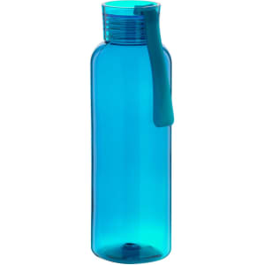 A drink bottle in bright blue with a matching lid and a handle, featuring a logo on the body.