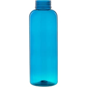 A drink bottle in a vibrant blue colour with a screw-top lid and a simple design. It features a logo.