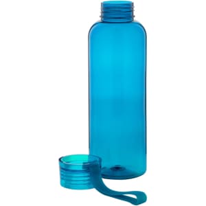 A drink bottle in a vibrant blue colour, with a removable lid featuring a strap.