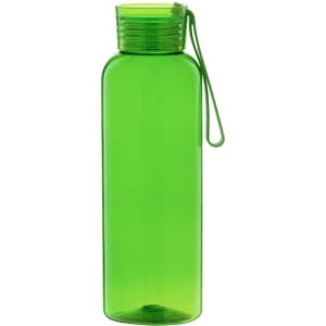 A drink bottle in vibrant green plastic with a matching lid and a loop for easy carrying. It features a branding logo.