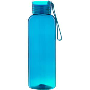 A drink bottle in a vibrant blue colour, featuring a cap and a loop for carrying. It also has a branding logo.
