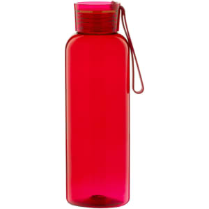 A drink bottle in vibrant red, featuring a screw-top lid and a convenient carry loop. It has a logo on the surface.