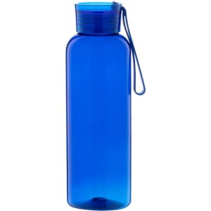 A drink bottle in transparent blue plastic with a screw-top lid and a carrying loop. Features a logo.