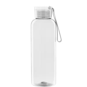 A drink bottle made of clear material with a white cap and a looped handle. Features a logo on the front.
