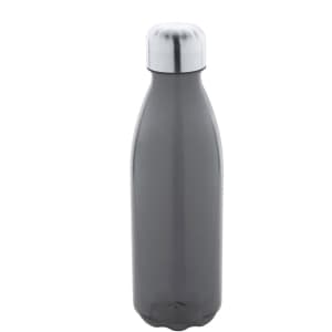 A drink bottle in grey with a silver metallic cap and a logo on the side.