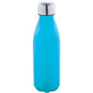 A drink bottle in bright blue with a stainless steel cap and a logo on the body.