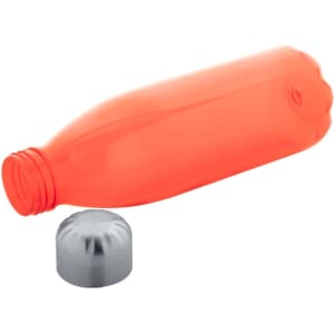 A drink bottle in bright orange with a silver cap placed beside it. The bottle features a simple design and a logo.