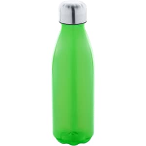 A drink bottle in vibrant green with a silver stainless steel lid and a sleek, curved design. It features a logo.