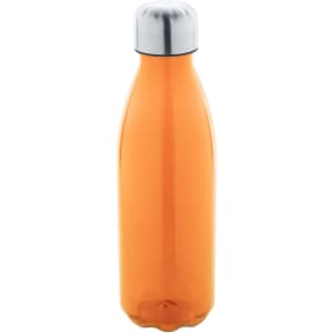 A drink bottle in orange with a silver cap, featuring a sleek design and a branding logo.