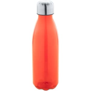 A drink bottle in vibrant red with a stainless steel cap and a sleek, streamlined design. It features a logo.