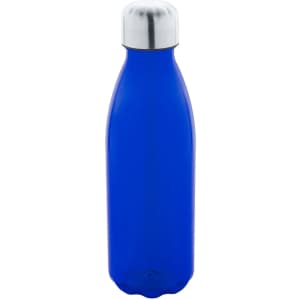 A drink bottle in vibrant blue with a silver stainless steel cap and a smooth, rounded body.