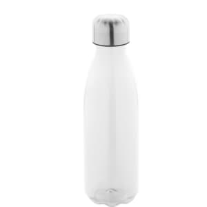 A drink bottle with a clear body and a silver stainless steel lid, featuring a logo.