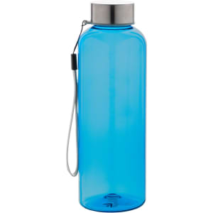 A drink bottle in bright blue with a stainless steel lid and a carrying strap, featuring a logo.