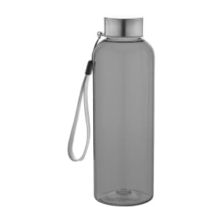 A drink bottle in a sleek grey design with a metal cap and a strap for easy carrying. Features a logo.