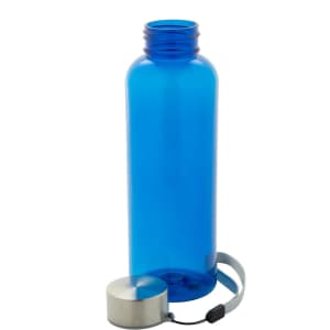 A blue drink bottle made from RPET, featuring a silver cap and a carry strap attached.