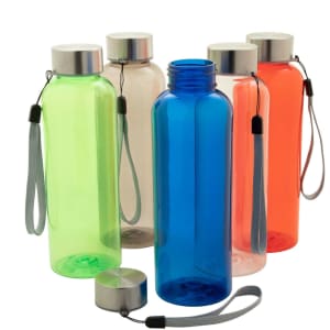 A drink bottle set featuring green, blue, orange, pink, and clear options, each with a silver lid and wrist strap.