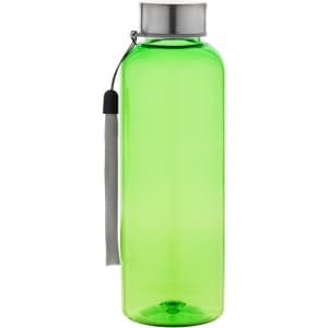 A drink bottle in vibrant green with a silver lid and a tassel for easy carrying. It features a logo.