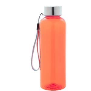 A drink bottle in vibrant orange with a silver lid and a grey strap. It features a logo on the body.