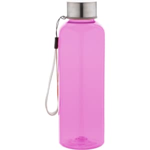 A drink bottle in bright pink with a silver cap and a wrist strap. It features a logo on the side.
