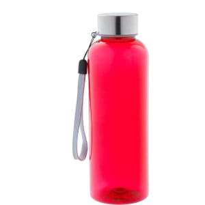 A drink bottle in bright red with a silver lid, featuring a wrist strap and a sleek design.