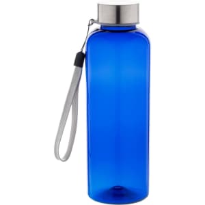 A drink bottle in vibrant blue with a stainless steel lid and a grey wrist strap. It features a logo.