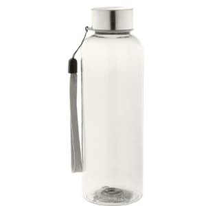 A drink bottle made of clear RPET plastic with a silver lid and a grey strap attached.