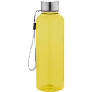 A drink bottle in vibrant yellow with a stainless steel lid and a carrying strap. It features a logo on the side.