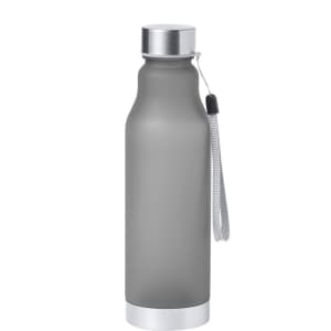 A drink bottle in matte grey with a silver cap and a wrist strap, featuring a logo on the side.