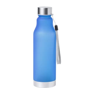 A drink bottle in a gradient of blue with a silver base and lid, featuring a carrying strap and a logo.