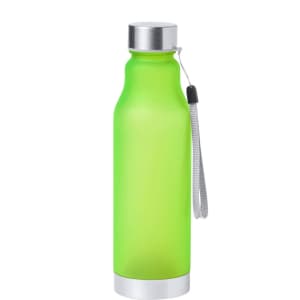 A drink bottle in vibrant green with a silver lid and a wrist strap, featuring a discreet logo.