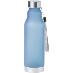 A drink bottle in a frosted blue finish with a silver lid and a looped handle. It features a logo on the surface.