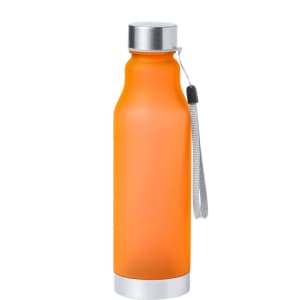 A drink bottle in vibrant orange with a stainless steel lid and a grey strap, featuring a logo on the side.